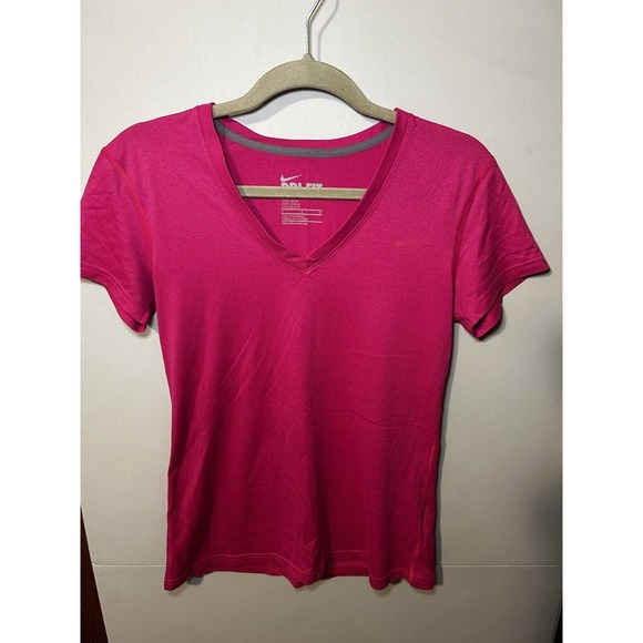 NIKE Neon Pink Dri Fit V Neck Regular Fit Activewear T Shirt Top Womens Size S - Picture 1 of 5
